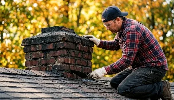 Mason repairing the top of a chimney on a Lone Tree, Colorado home