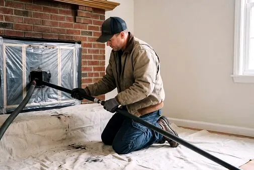 Drop cloths protecting a room during gas fireplace service in Acres Green