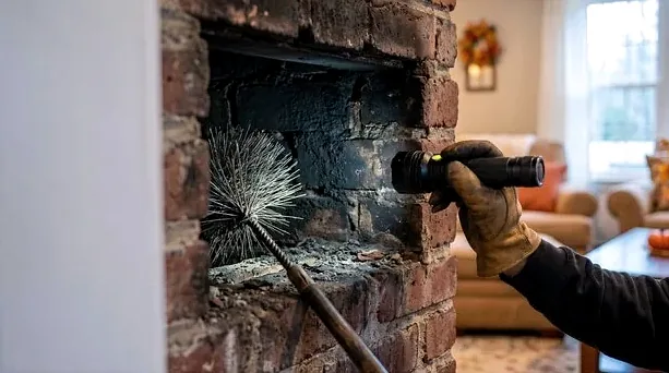 Technician inspecting one of several fireplaces in a Lone Tree home